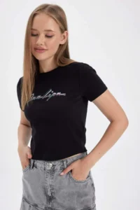 DeFacto Cool Dua Lipa Fitted Ribbed Short Sleeve T-Shirt - Image 3