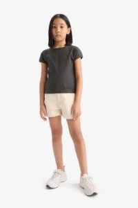 DeFacto Slim Fit Narrow Cut Crew Neck Basic Plain Ribbed Camisole Short Sleeve T-Shirt Girl Child - Image 2