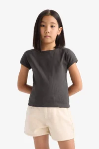 DeFacto Slim Fit Narrow Cut Crew Neck Basic Plain Ribbed Camisole Short Sleeve T-Shirt Girl Child - Image 3