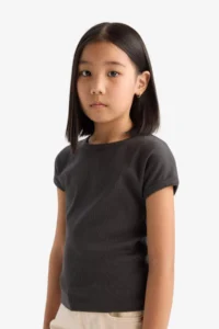 DeFacto Slim Fit Narrow Cut Crew Neck Basic Plain Ribbed Camisole Short Sleeve T-Shirt Girl Child - Image 4