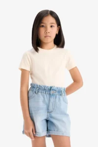 DeFacto Girl's Slim Fit Narrow Cut Crew Neck Ribbed Basic Plain Short Sleeve T-Shirt - Image 4
