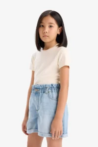 DeFacto Girl's Slim Fit Narrow Cut Crew Neck Ribbed Basic Plain Short Sleeve T-Shirt - Image 6