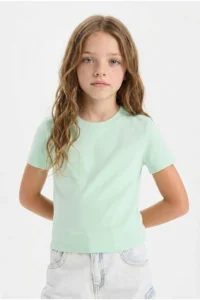 DeFacto Slim Fit Narrow Cut Crew Neck Ribbed Basic Plain Short Sleeve T-Shirt Girl Child