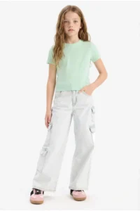 DeFacto Slim Fit Narrow Cut Crew Neck Ribbed Basic Plain Short Sleeve T-Shirt Girl Child - Image 2