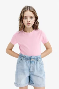 DeFacto Slim Fit Narrow Cut Crew Neck Ribbed Basic Plain Short Sleeve T-Shirt Girl Child - Image 3