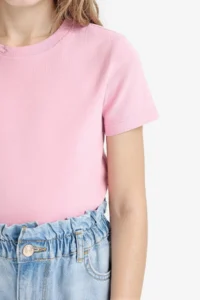DeFacto Slim Fit Narrow Cut Crew Neck Ribbed Basic Plain Short Sleeve T-Shirt Girl Child - Image 4
