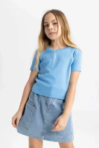 DeFacto Slim Fit Narrow Cut Crew Neck Ribbed Basic Plain Short Sleeve T-Shirt Girl Child