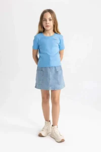 DeFacto Slim Fit Narrow Cut Crew Neck Ribbed Basic Plain Short Sleeve T-Shirt Girl Child - Image 2