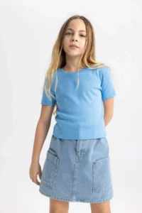 DeFacto Slim Fit Narrow Cut Crew Neck Ribbed Basic Plain Short Sleeve T-Shirt Girl Child - Image 3