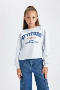 DeFacto Girl's Crop Crew Neck Sweatshirt B3708a823au