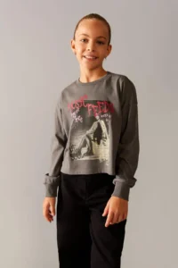 DeFacto Girl's Crop Crew Neck Printed Long Sleeve T-Shirt B3711a823au - Image 3