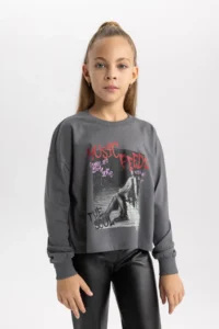 DeFacto Girl's Crop Crew Neck Printed Long Sleeve T-Shirt B3711a823au - Image 7