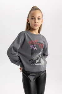 DeFacto Girl's Crop Crew Neck Printed Long Sleeve T-Shirt B3711a823au - Image 8