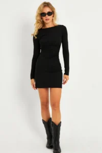 Cool & Sexy Women Black Shirred Mini Dress - Image 4