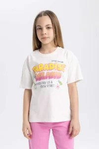 DeFacto Girl's Relax Fit Crew Neck Printed Short Sleeve T-Shirt - Image 3