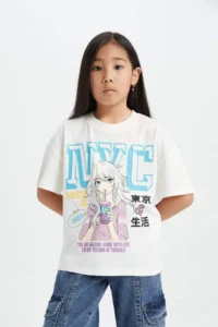 DeFacto Girl's Oversize Wide Fit Crew Neck Printed Short Sleeve T-Shirt
