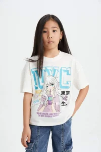 DeFacto Girl's Oversize Wide Fit Crew Neck Printed Short Sleeve T-Shirt - Image 3