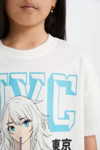 DeFacto Girl's Oversize Wide Fit Crew Neck Printed Short Sleeve T-Shirt - Image 4