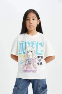 DeFacto Girl's Oversize Fit Crew Neck Back Printed Short Sleeve T-Shirt