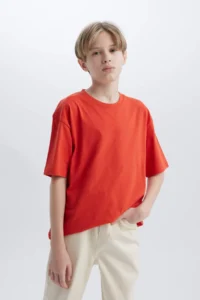 DeFacto Oversize Wide Fit Crew Neck Basic Plain Short Sleeve T-Shirt Boy - Image 4