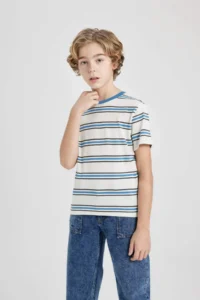 DeFacto Crew Neck Striped Short Sleeve T-Shirt Boy - Image 3