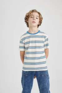 DeFacto Crew Neck Striped Short Sleeve T-Shirt Boy - Image 4