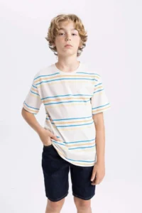 DeFacto Crew Neck Striped Short Sleeve T-Shirt Boy - Image 3