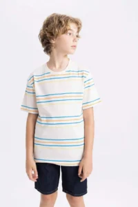 DeFacto Crew Neck Striped Short Sleeve T-Shirt Boy - Image 4