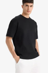DeFacto Oversize Wide Fit Crew Neck Heavy Fabric Basic Plain Short Sleeve Black T-Shirt