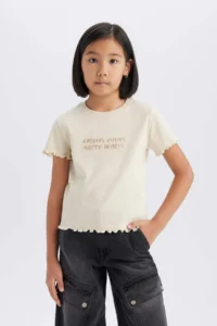 DeFacto Girl's Slim Fit Narrow Cut Crew Neck Printed Ribbed Camisole Short Sleeve T-Shirt - Image 4