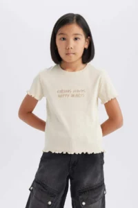 DeFacto Girl's Slim Fit Narrow Cut Crew Neck Printed Ribbed Camisole Short Sleeve T-Shirt - Image 6