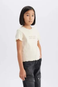 DeFacto Girl's Slim Fit Narrow Cut Crew Neck Printed Ribbed Camisole Short Sleeve T-Shirt - Image 7