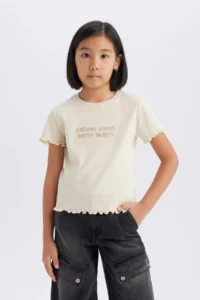 DeFacto Girl's Slim Fit Narrow Cut Crew Neck Printed Ribbed Camisole Short Sleeve T-Shirt B6689a825sm - Image 4