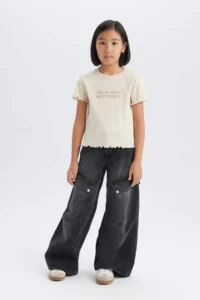 DeFacto Girl's Slim Fit Narrow Cut Crew Neck Printed Ribbed Camisole Short Sleeve T-Shirt B6689a825sm - Image 5