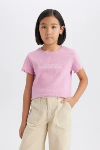 DeFacto Girl's Slim Fit Narrow Cut Crew Neck Printed Ribbed Camisole Short Sleeve T-Shirt B6689a825sm
