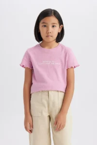 DeFacto Girl's Slim Fit Narrow Cut Crew Neck Printed Ribbed Camisole Short Sleeve T-Shirt B6689a825sm - Image 3