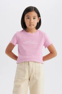 DeFacto Girl's Slim Fit Narrow Cut Crew Neck Printed Ribbed Camisole Short Sleeve T-Shirt B6689a825sm - Image 4