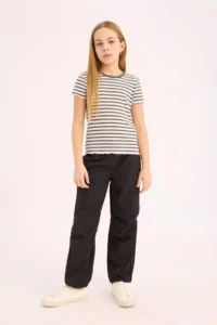 DeFacto Girl's Slim Fit Narrow Cut Crew Neck Striped Ribbed Camisole Short Sleeve T-Shirt - Image 2