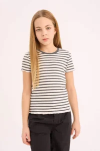 DeFacto Girl's Slim Fit Narrow Cut Crew Neck Striped Ribbed Camisole Short Sleeve T-Shirt - Image 3