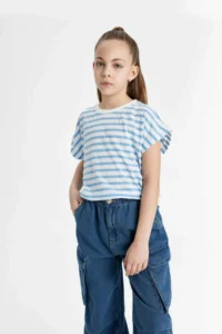 DeFacto Girl's Oversize Wide Fit Crew Neck Striped Short Sleeve T-Shirt - Image 4