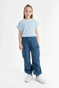 DeFacto Girl's Oversize Wide Fit Crew Neck Striped Short Sleeve T-Shirt - Image 5