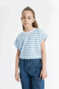 DeFacto Girl's Oversize Wide Fit Crew Neck Striped Short Sleeve T-Shirt - Image 6
