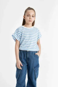 DeFacto Girl's Oversize Wide Fit Crew Neck Striped Short Sleeve T-Shirt - Image 7