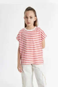 DeFacto Girl's Oversize Wide Fit Crew Neck Striped Short Sleeve T-Shirt B6697a824sm