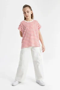 DeFacto Girl's Oversize Wide Fit Crew Neck Striped Short Sleeve T-Shirt B6697a824sm - Image 2