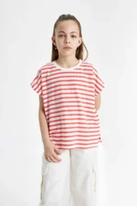 DeFacto Girl's Oversize Wide Fit Crew Neck Striped Short Sleeve T-Shirt B6697a824sm - Image 3