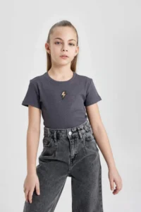 DeFacto Slim Fit Narrow Cut Crew Neck Ribbed Camisole Short Sleeve T-Shirt Girl Child