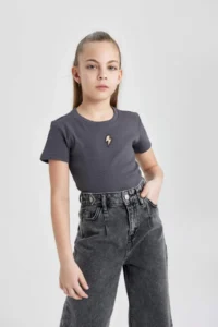 DeFacto Slim Fit Narrow Cut Crew Neck Ribbed Camisole Short Sleeve T-Shirt Girl Child - Image 3
