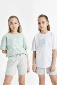 DeFacto Relax Fit Crew Neck Printed 2-Piece Short Sleeve T-Shirt for Girls