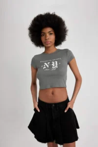 DeFacto Fitted Crew Neck Printed Ribbed Camisole Short Sleeve T-Shirt - Image 3